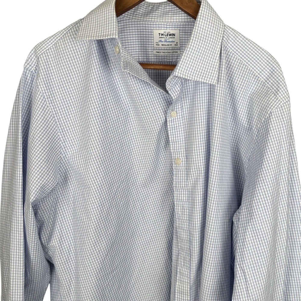 TM Lewin Mens Regular Fit Dress Shirt Blue White Check French Cuff 17.5 44cm